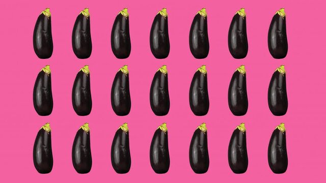Rows of aubergines animated against coloured background