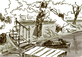 Snow-covered bank of a city pond with footbridges and a boat, graphic monochrome travel sketch