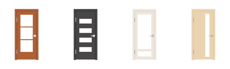 Conjunto de puertas de madera y metal de diferentes diseños. Ilustración aislada en fondo blanco