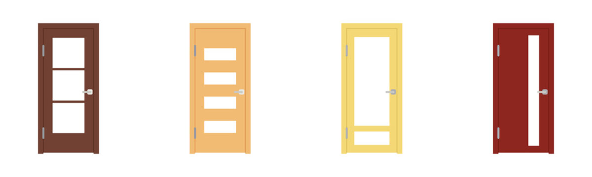 Conjunto de puertas de madera y metal de diferentes dise&ntilde;os. Ilustraci&oacute;n aislada en fondo blanco