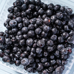 Close up top view on fresh blueberries in plastic box frozen and ready to eat - organic food healthy eating concept