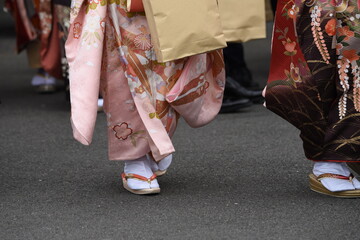Young Japanese women wearing traditional Kimono for the coming of age day celebration.