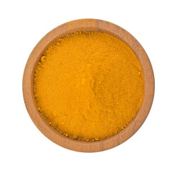 Top view of Turmeric powder in wooden cup isolated on white background