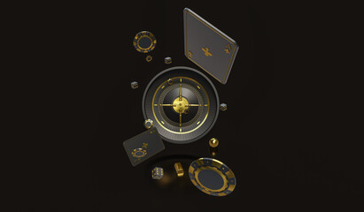 Roulette, Chips, Dice and Playing Cards 3d Rendering Casino Elements Background