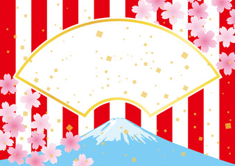 桜と富士山と扇の紅白和風フレーム