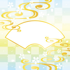 桜の花と流水紋と扇の和風フレーム