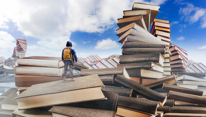 Traveller with backpack standing in fantasy mountains valley made of books.