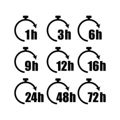 Clock arrow 1, 3, 6, 9, 12, 16, 24, 48, 72 hours. Set of delivery service time icons. isolated on white background. vector illustration