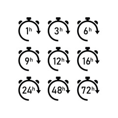 Clock arrow 1, 3, 6, 9, 12, 16, 24, 48, 72 hours. Set of delivery service time icons. isolated on white background. vector illustration