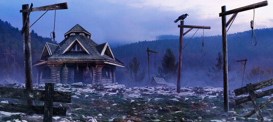 Horror background image of fantasy witch house standing on evening mountain woods land with gallows, crow and mist. - obrazy, fototapety, plakaty