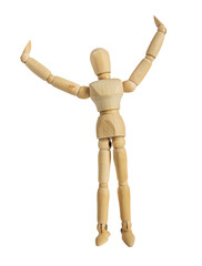 Wooden dummy mannequin figurine with hands up and side.