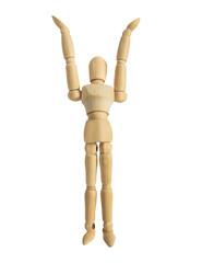 Wooden dummy mannequin figurine with hands up.