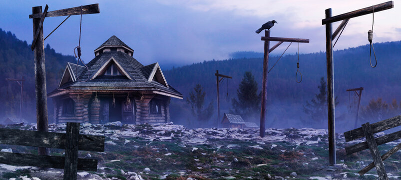Horror background image of fantasy witch house standing on evening mountain woods land with gallows, crow and mist.