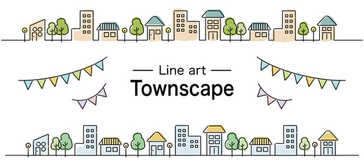 水彩風のおしゃれな町並みとガーランド