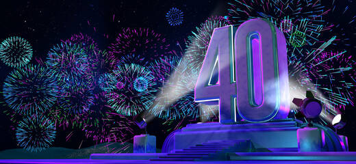 Number 40 in solid and thick form on a pedestal illuminated by 4 reflectors at night with fireworks of blue, magenta, cyan and purple color on starry night. 3d illustration