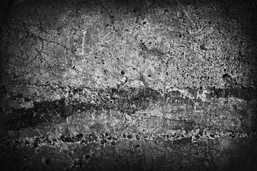 Black white grunge background. Old concrete wall texture backdrop. Cracked damaged wall. Distressed gothic dark rough abstract background with copy space for your design.