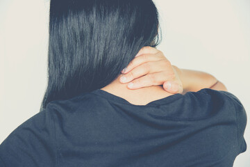 Woman neck pain ,young women neck and shoulder pain,healthcare and medical concept  - obrazy, fototapety, plakaty