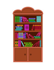  Wooden cabinet with books. Bookcase isolated on white background. Stock vector illustration.