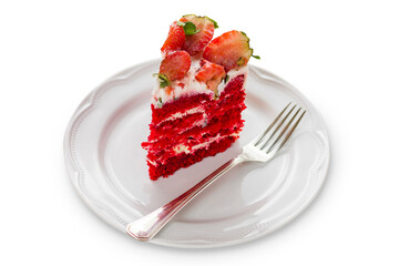 Isolated Red velvet cake on white wooden background. with strawberries
