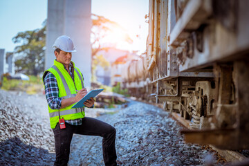 Portrait engineer under inspection and checking construction process railway and checking work on...