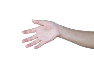 Woman open palm offering something on white background