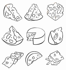 Hand drawn doodle sketch cheese with different types of cheeses in retro style stylized