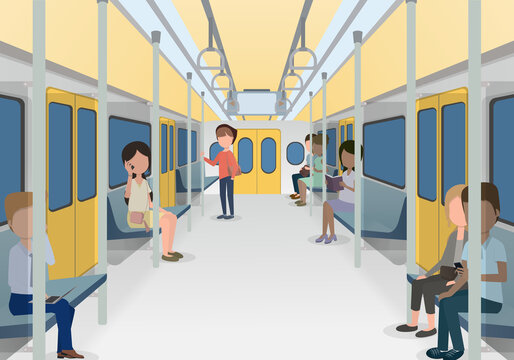 People in the city use the subway to travel and work. By sitting at a distance.