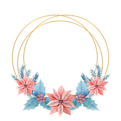 Winter watercolor in a golden round frame with holly, berries and poinsettia flowers. Hand-drawn illustration. For invitations, greeting cards, prints, posters, advertising.