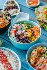Top view composition of various Asian food in bowl
