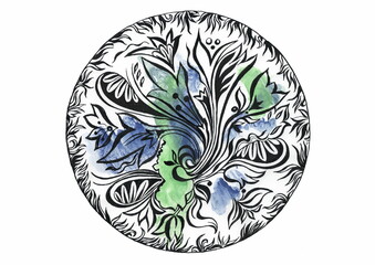 Floral zentangl round - Pen and ink hand painted drawing isolated on white background