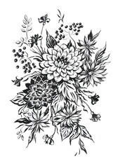 Black and white floral composition with twigs, leaves and rowan berries - Pen and ink hand painted drawing isolated on white background