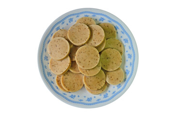 Boiled vietnamese style sausage dish on white background