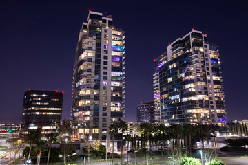 Fototapeta na wymiar Night time view of the skyline of downtown Santa Ana, California, USA.