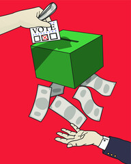 A hand of politician is under the ballot box, waiting for the money and benefit that he will get when he's government.