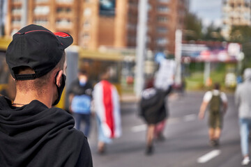 September 15 2020 Minsk Belarus A man walks along the road during a demonstration