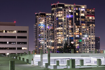 Night time view of the skyline of downtown Santa Ana, California, USA.