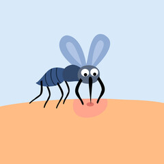 Mosquito biting human skin in flat design. Blood sucker insect cartoon. Virus disease carrier.