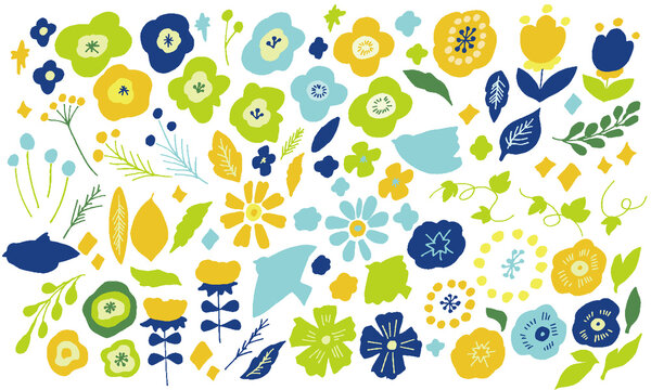 北欧風手書きの草木花イラスト　北欧　草　木　鳥　ベクター　Beautiful vector flower collection with bird, leaves, floral bouquets, flower compositions