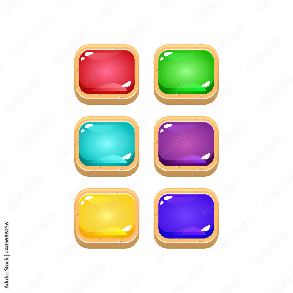 Poster set of colorful jelly game ui with wooden border for gui asset elements vector illustration