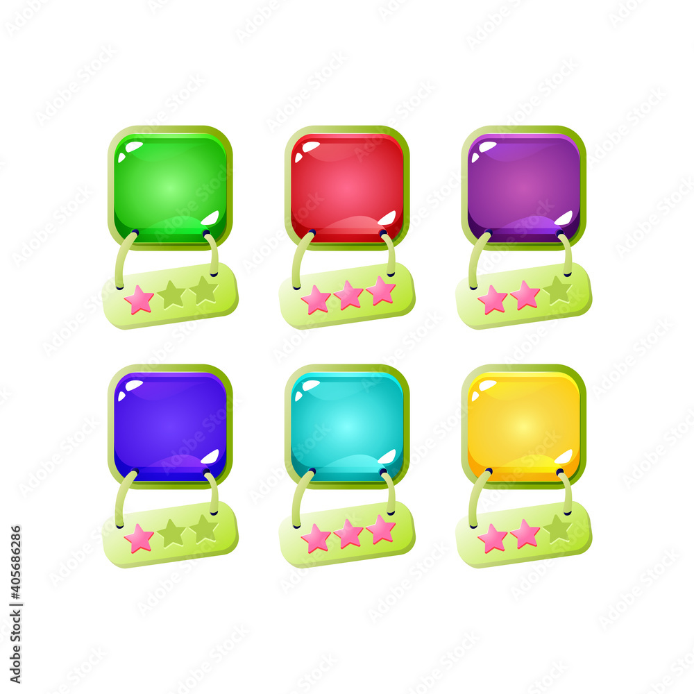 Aufkleber set of colorful jelly game ui with green border and hanging star icon for gui asset elements vector 