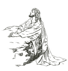 Hand drawn illustration of Jesus christ praying in the garden