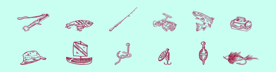 set of fishing element. cartoon icon design template with various models. vector illustration isolated on blue background