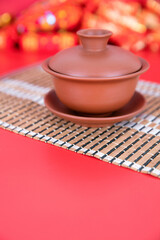 Purple Clay Gaiwan on Red Background