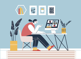 A woman communicates via video call with friends, colleagues via computer. Concept of videoconference and web communication. Team meeting online. Remote video conference call. Video conferencing.