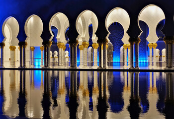 Details of the interior of the mosque under night lighting. Graceful arches and tall inlaid columns reflect in the pool water. Blue and gold colors. UAE