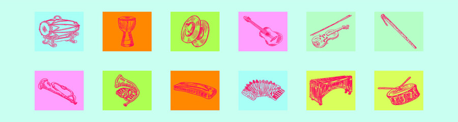 set of music instruments cartoon icon design template with various models. vector illustration isolated on blue background