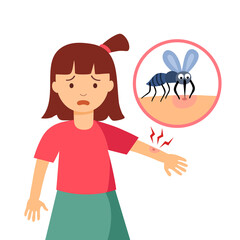 Mosquito biting a girl children skin in flat design. Blood sucker insect cartoon. Virus disease carrier.