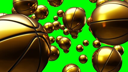 Many gold basketball balls on green chroma key.
Abstract 3d illustration for background.
