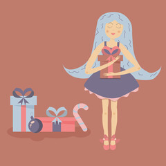 Beautiful fairy girl with blue hair holding a gift. Gifts are nearby. 
Illustration for children, for children's books, for postcards.