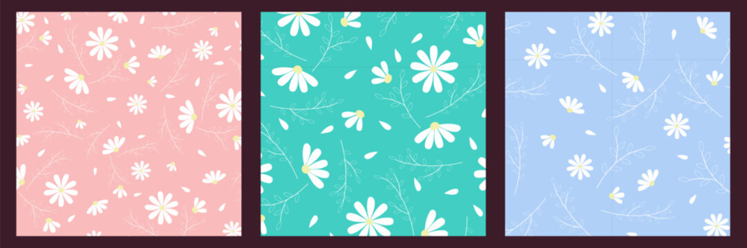 Set of seamless patterns of chamomile or daisies. 3 endless ornaments on blue, green and pink backgrounds. For textiles, baby clothes, wallpaper, wrapping paper, napkins, disposable cups. Vector. Flat
